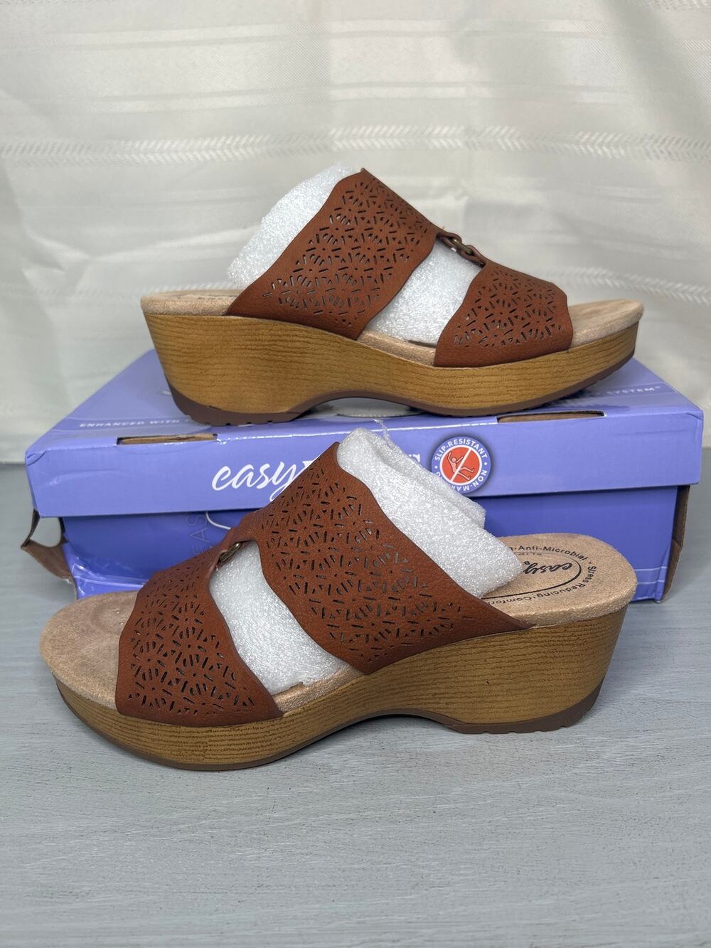 Easy Street Rin Slip-Resistant Wedge Sandals Tan Womens Size 7.5